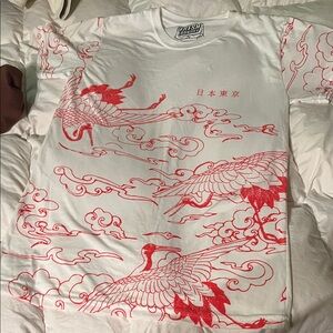 Fresh Laundry White Short Sleeve Tee with Red Crane Print